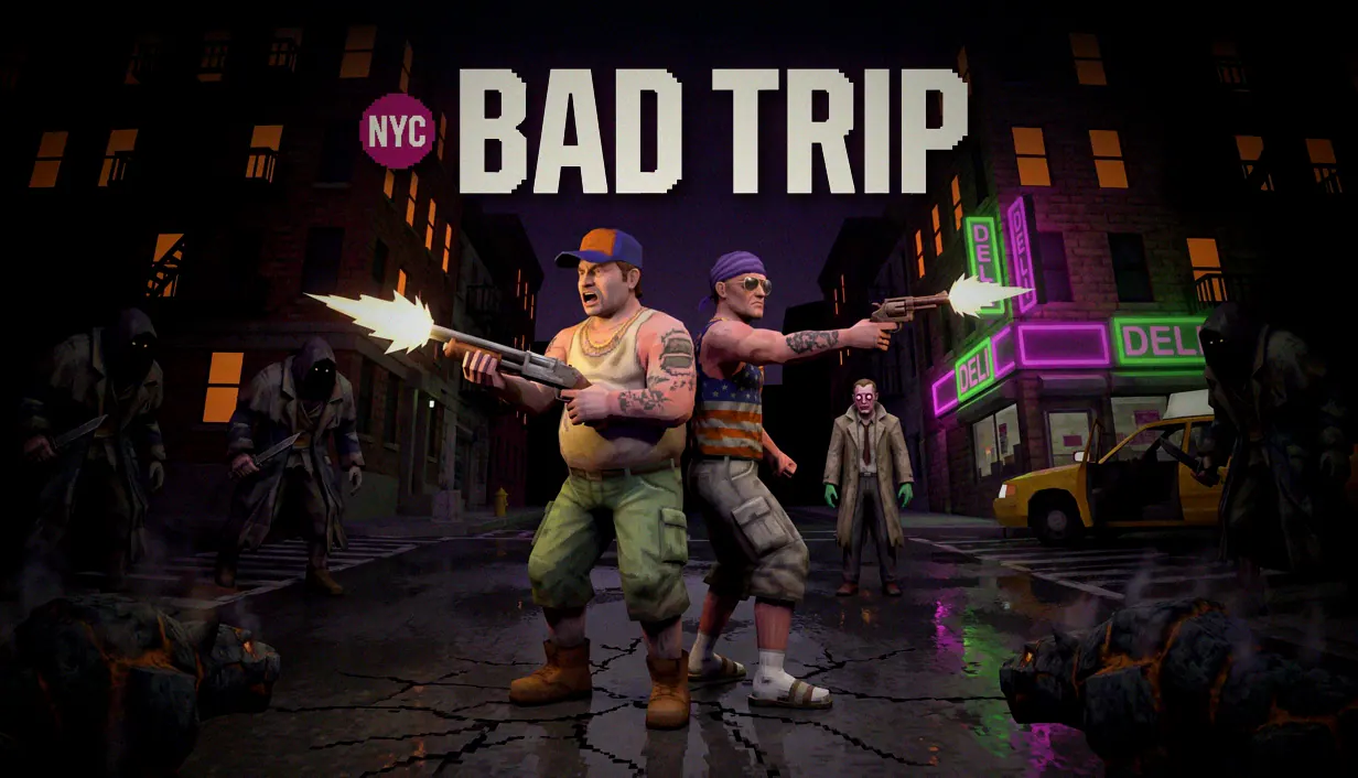 Key art with the NYC roundel and BAD TRIP wordmark over a night street: the big one fires a sawed-off and the wiry one a revolver, back to back, as hooded drifters with knives close from both sides, a paranoid in a trench coat stares from beside a DELI neon and a yellow cab, and ember-cracked ash hounds crouch in the corners