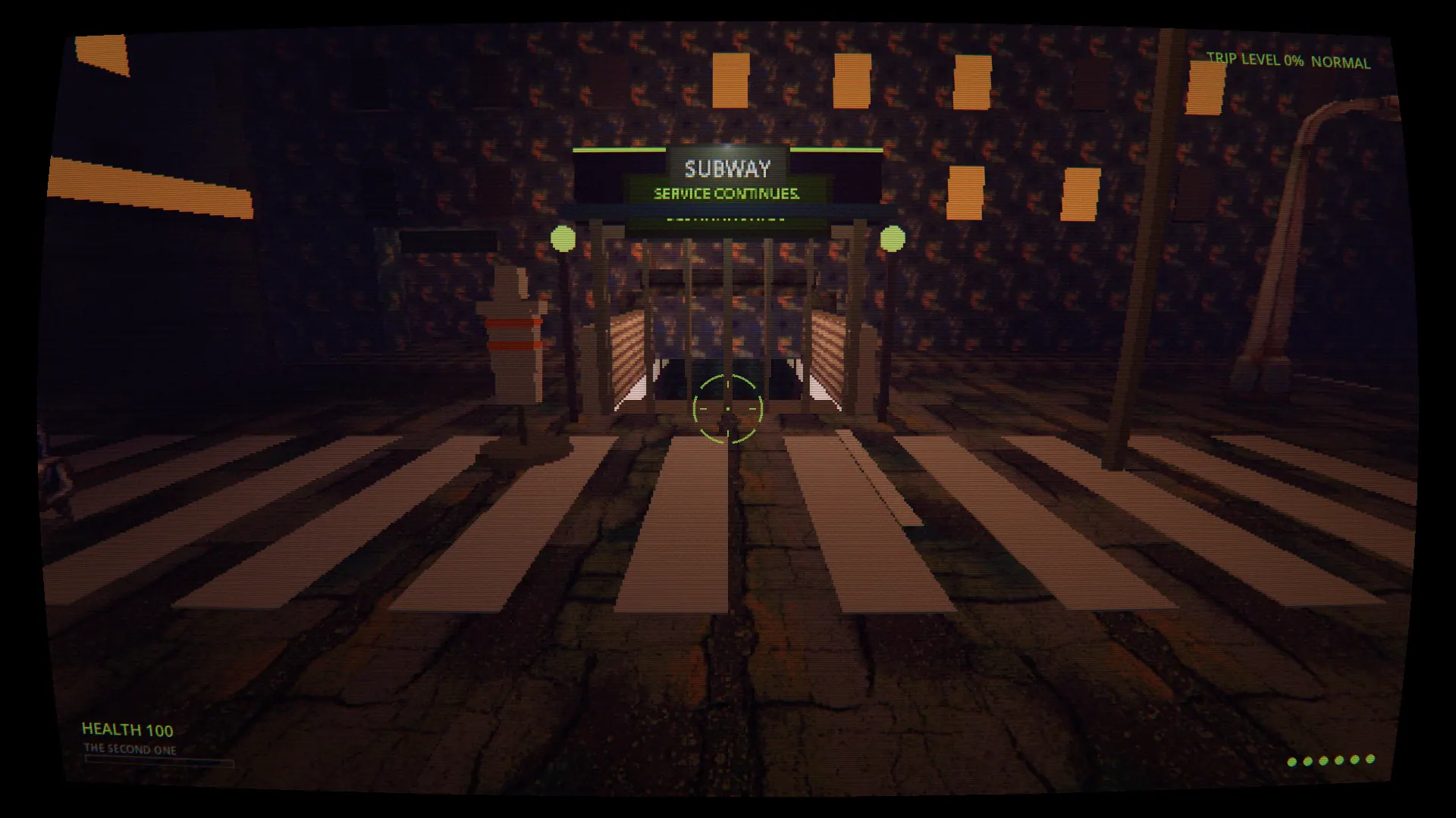 A subway entrance beyond a crosswalk under a sign reading SUBWAY — SERVICE CONTINUES, two green globe lamps and warm lit windows above; TRIP LEVEL 0% NORMAL