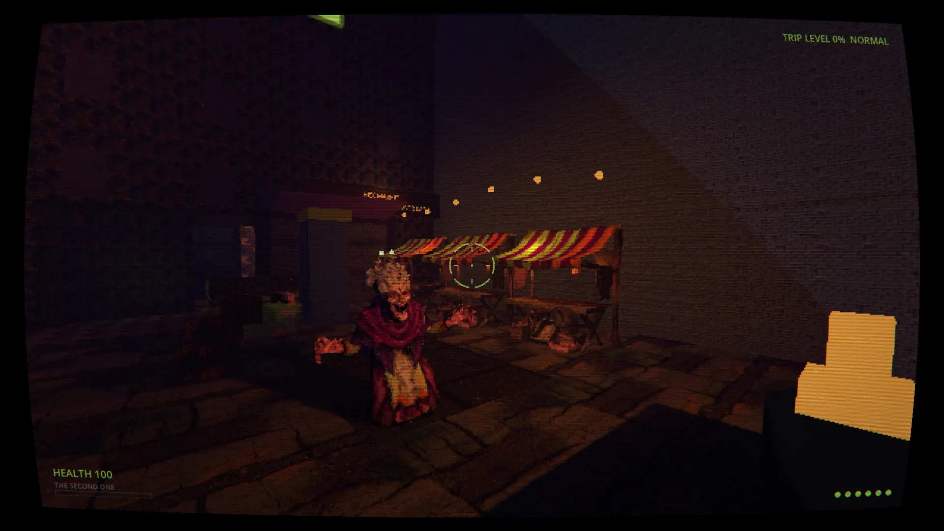 The Hex Market at night: a grinning witch in a red shawl stands beside striped market-stall awnings under warm light; TRIP LEVEL 0% NORMAL