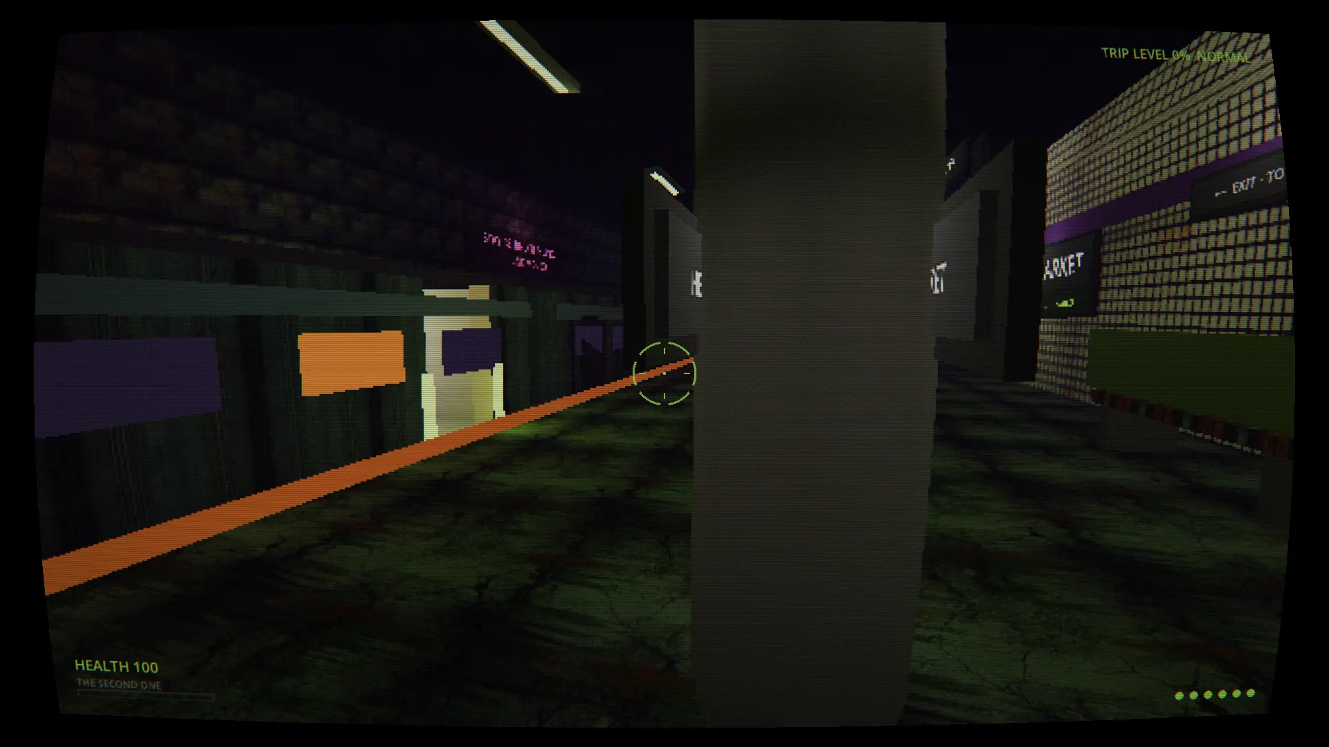 The Underside: a subway platform in sickly green light, an orange platform-edge stripe running into the dark, a pillar in the foreground and MARKET and EXIT signs on the tiled wall; TRIP LEVEL 0% NORMAL