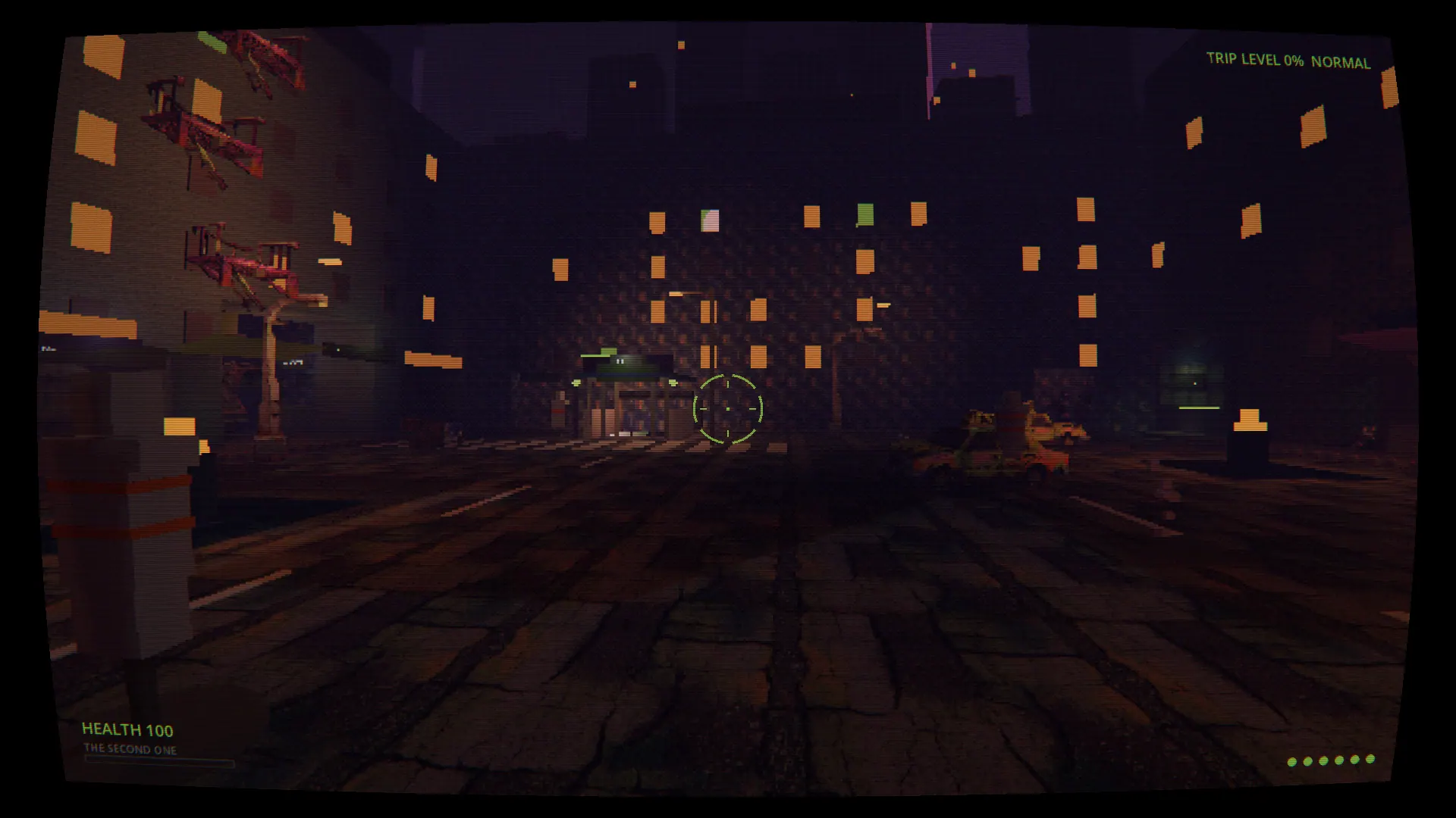 A folded street at night: an empty avenue of cracked asphalt, scattered warm windows and rusted fire escapes, a subway entrance far ahead and a wrecked taxi on the right; TRIP LEVEL 0% NORMAL