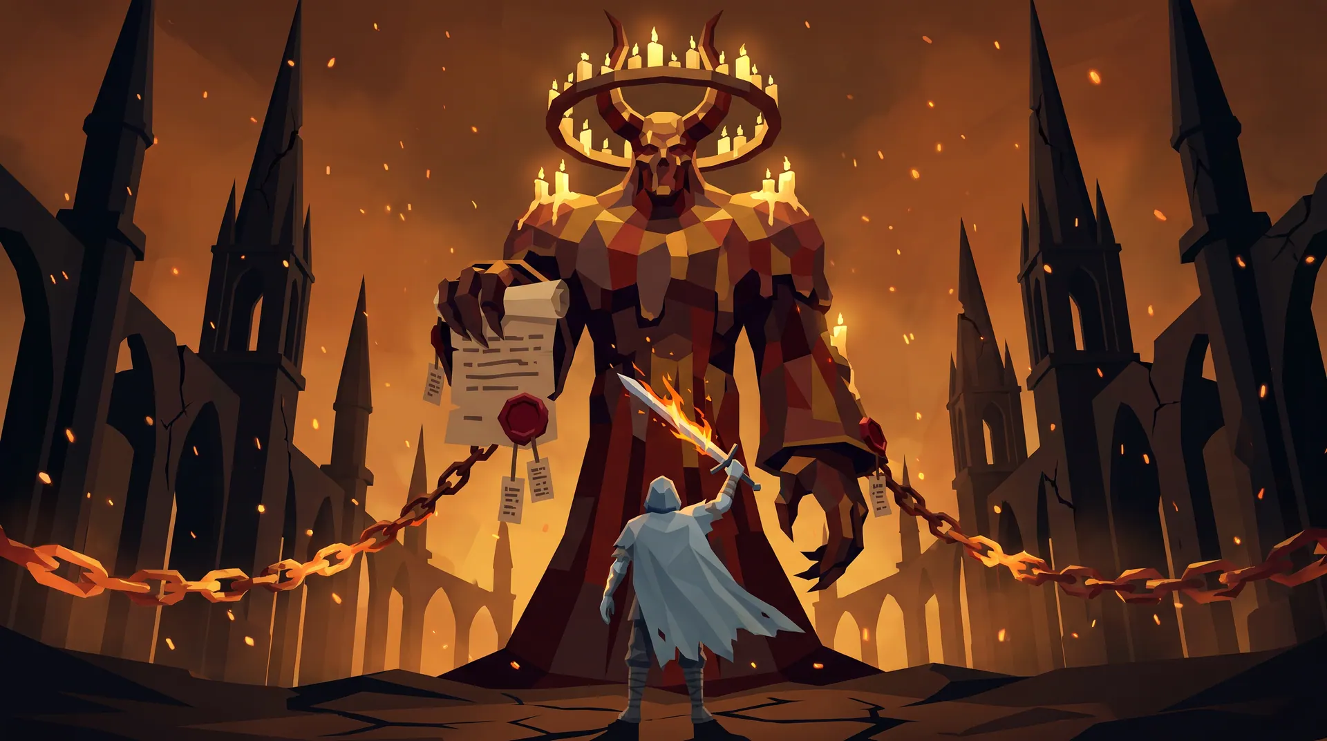 A towering candle-crowned devil holds out a sealed contract, chains running from its wrists across a spired hellscape, as a lone hooded warrior raises a burning sword before it