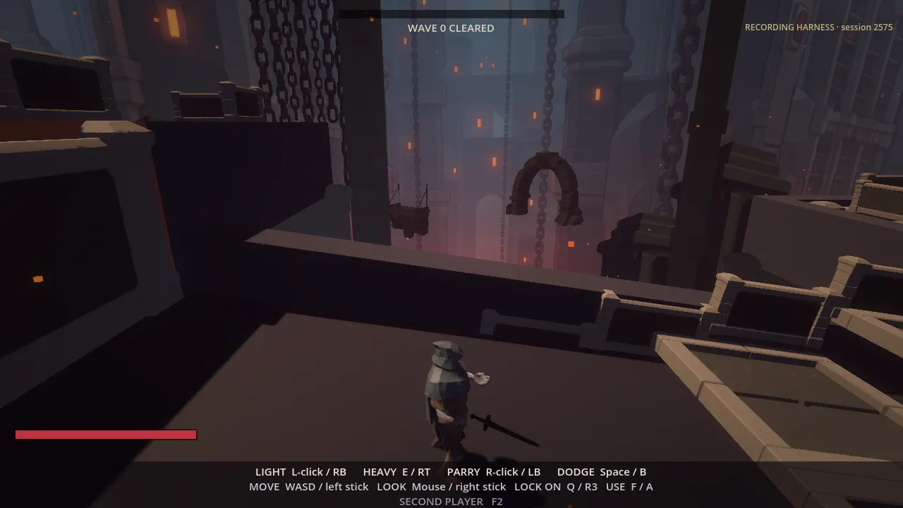 The Wanderer, sword in hand, stands on the stone bridge between rooms and looks over the parapet into the shaft: hanging chains, a broken arch on chains, ash falling toward the orange glow far below