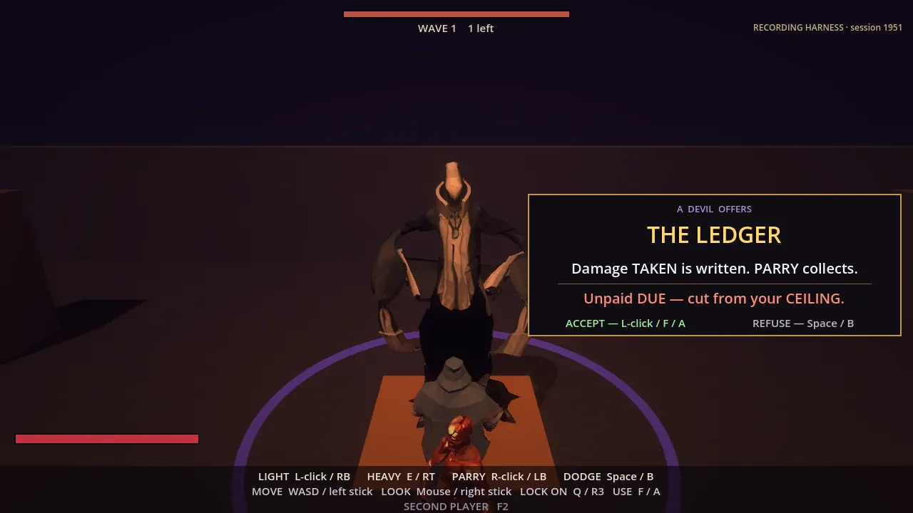 A tall robed devil stands over the hooded Wanderer; the panel reads A DEVIL OFFERS — THE LEDGER: Damage TAKEN is written. PARRY collects. Unpaid DUE — cut from your CEILING.