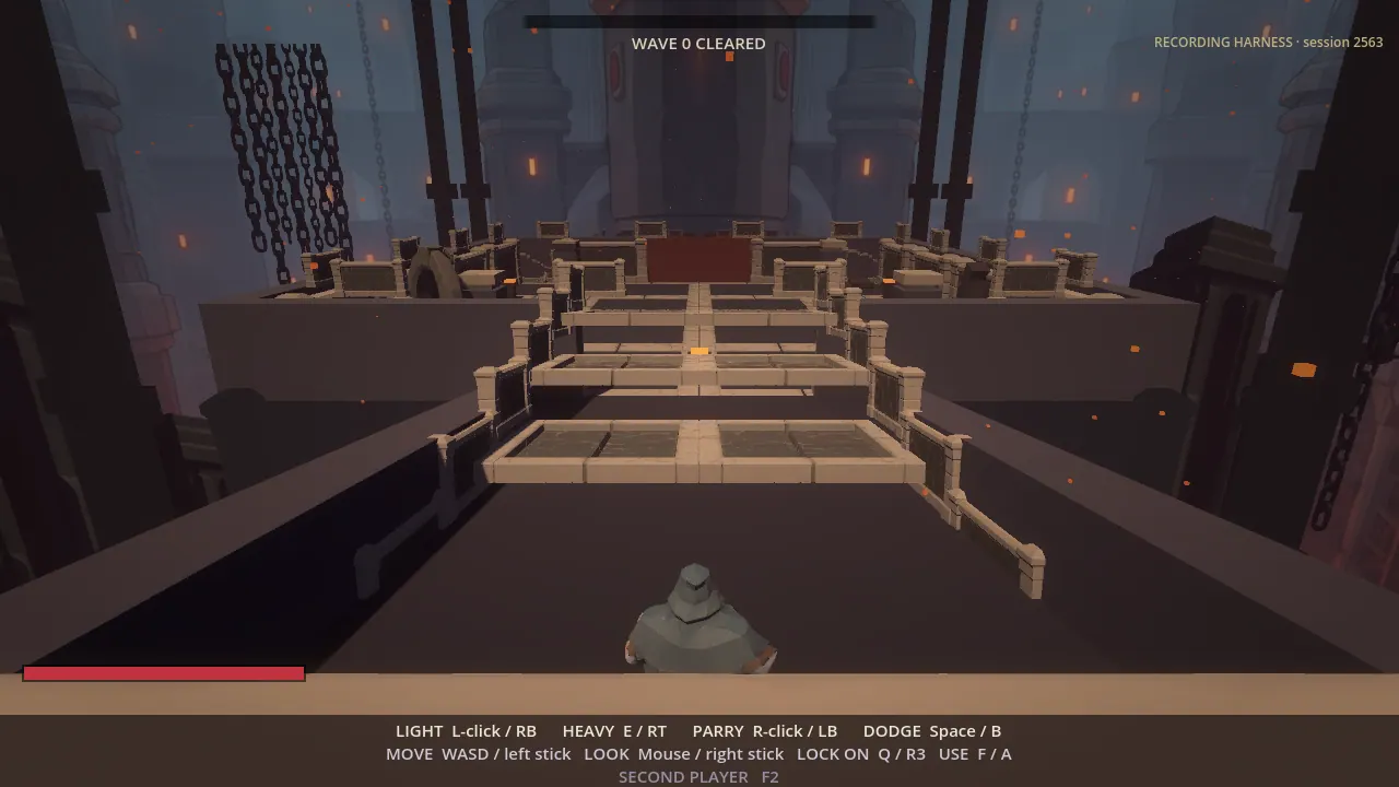 The hooded Wanderer at the head of a long stone bridge, parapets lining it all the way to a red door in the far hall, chains hanging into the shaft on either side