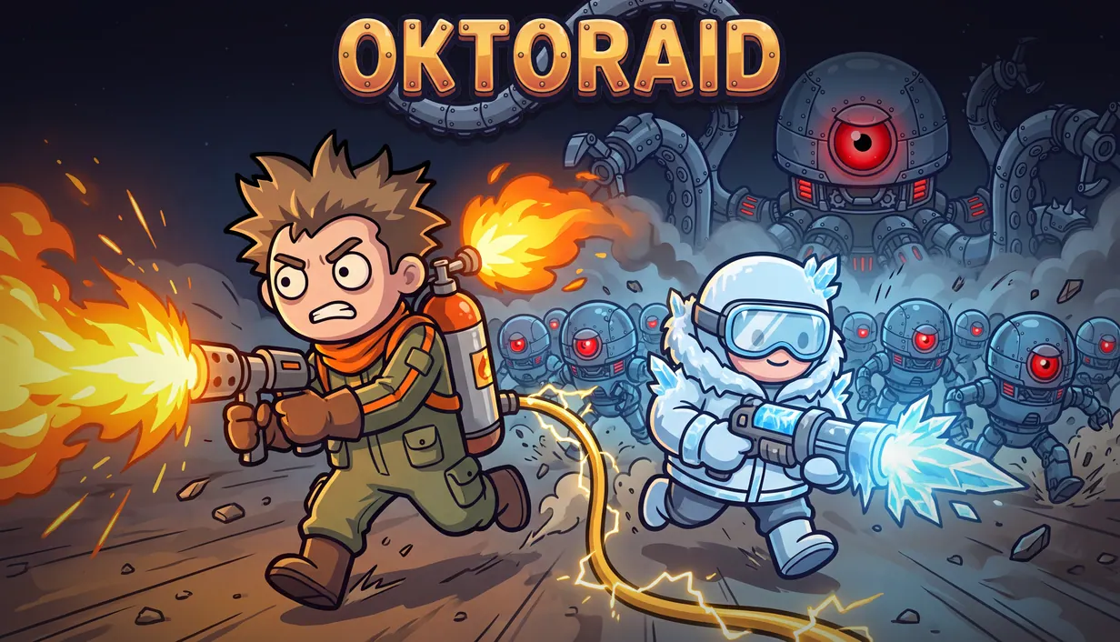 OKTORAID key art: a spiky-haired flamethrower operator and a goggled ice operator charge forward, linked by a crackling yellow power cable, as red-eyed robots and the giant one-eyed OKTO loom behind; OKTORAID wordmark at top.