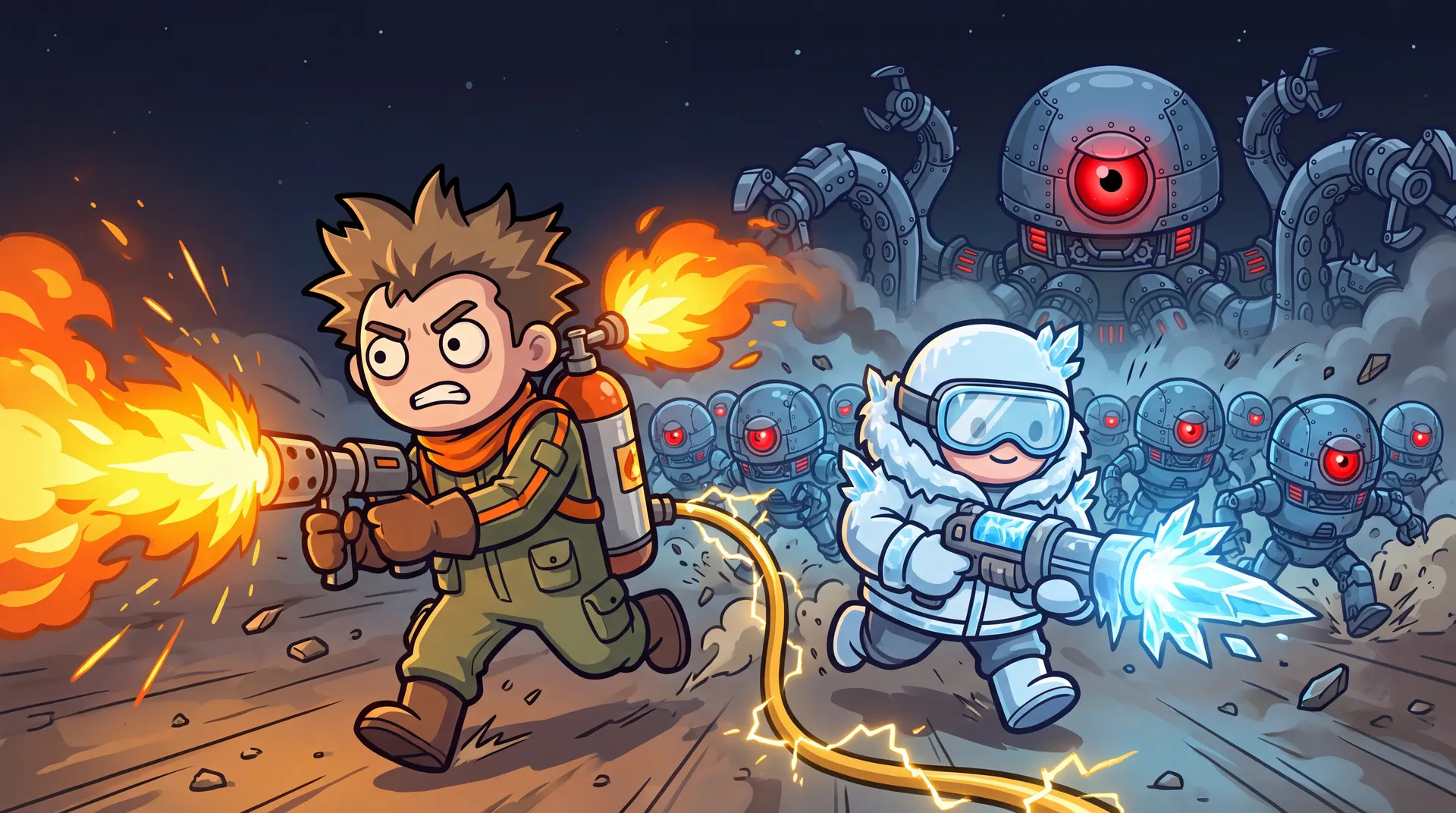 Text-free key art: the spiky-haired flamethrower operator and the goggled ice operator charge side by side, joined by a crackling yellow power cable, while a horde of red-eyed robots and the giant one-eyed machine octopus OKTO rise out of the smoke behind them.