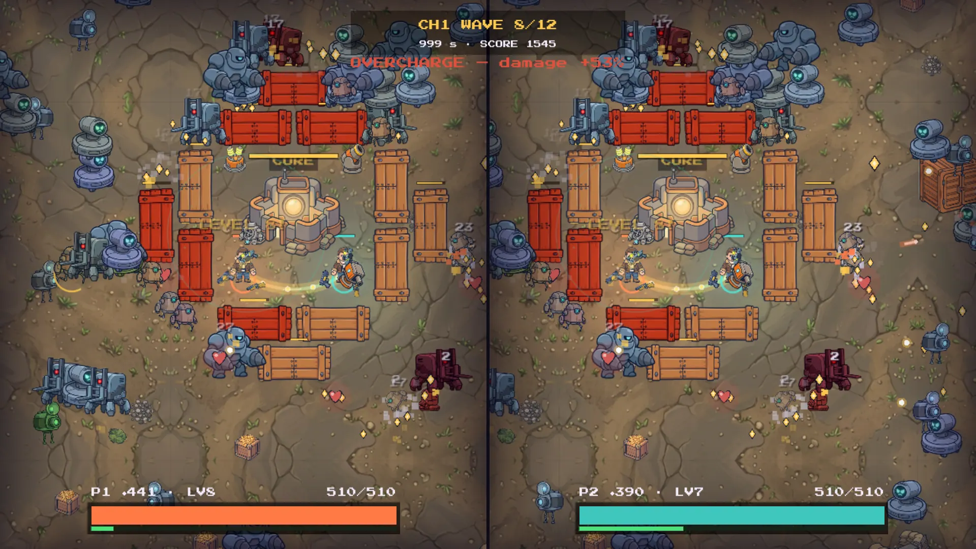 Split-screen siege at chapter 1, wave 8/12: both operators fight beside the Core inside a fort of red and wooden pallet walls as blue-grey robots press in; the HUD reads OVERCHARGE, damage +53%.