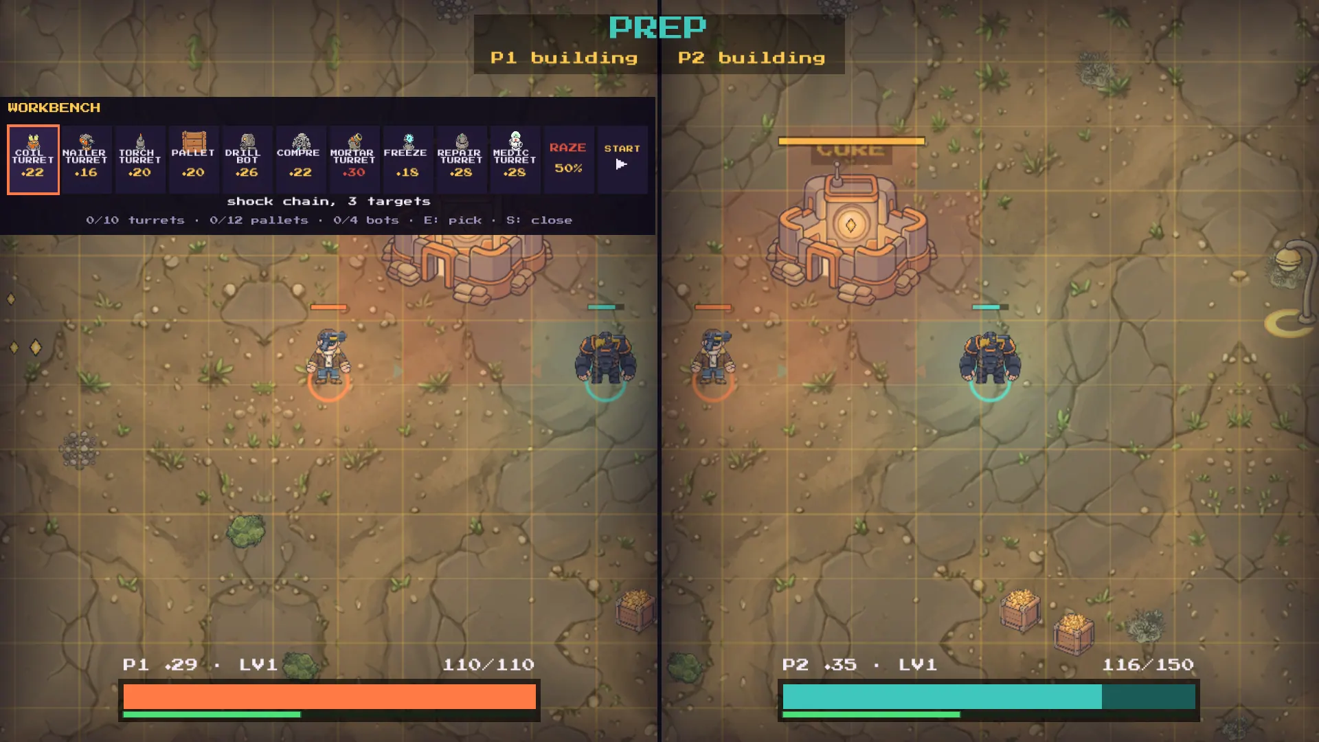 PREP phase: P1's workbench menu lists Coil, Nailer, Torch and Mortar turrets, a Pallet, a Drill Bot, a Compressor and more with scrap costs, while both operators stand below the Core on the build grid.