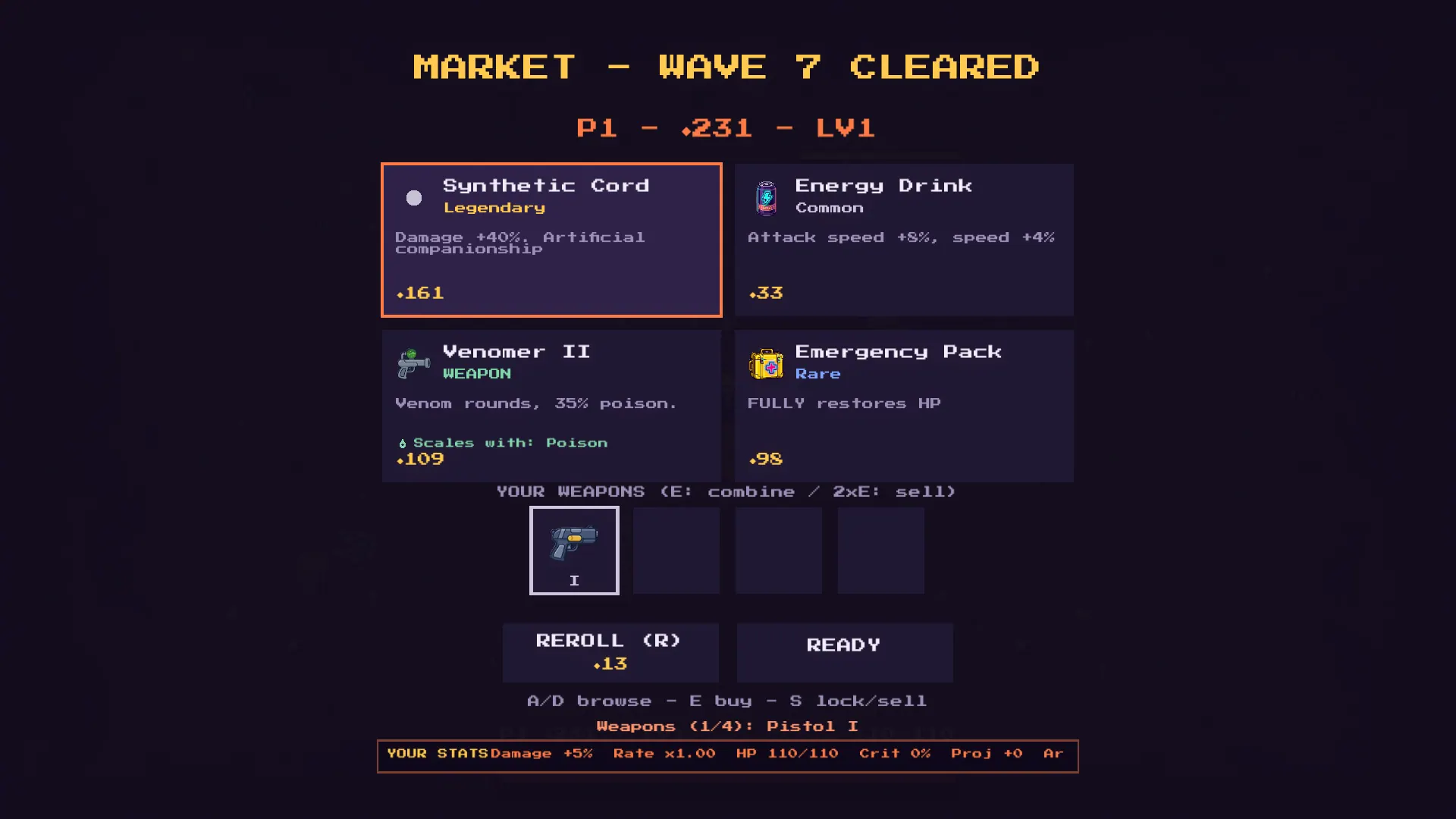 MARKET, WAVE 7 CLEARED: four offers (Synthetic Cord, Energy Drink, Venomer II, Emergency Pack) with rarity and scrap prices, a row of weapon slots, and REROLL and READY buttons.