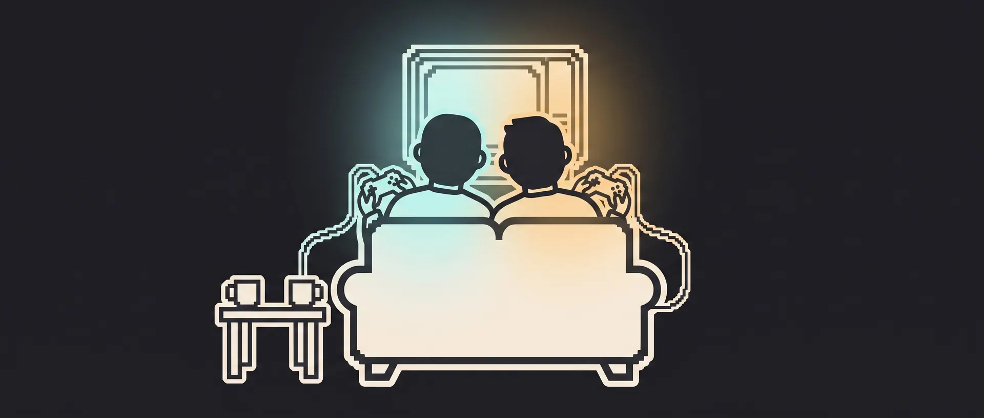 Two players seen from behind on a cream pixel-outlined couch, each holding a controller whose cable trails over the armrest, facing a glowing screen; cyan light falls on the left player and amber on the right; a small side table with two mugs stands at left; plain charcoal background