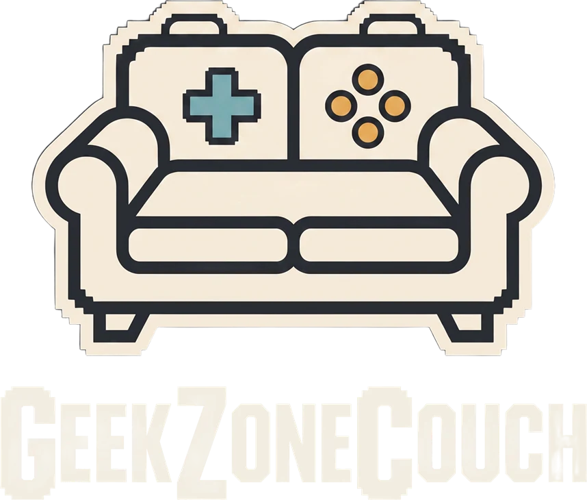 GeekZoneCouch stacked logo: the cream couch mark with its cyan D-pad cushion and amber button cushion above the GeekZoneCouch arcade wordmark