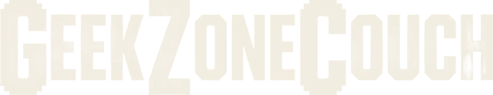 GeekZoneCouch wordmark in warm off-white condensed arcade capitals with pixel-stepped corners; the G, Z and C stand taller than the other letters