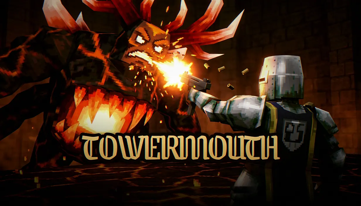 A knight in a steel great helm fires an SMG point-blank into the face of the horned, lava-cracked TOWERMOUTH boss as shell casings fly. The gold blackletter TOWERMOUTH wordmark runs across the lower middle.