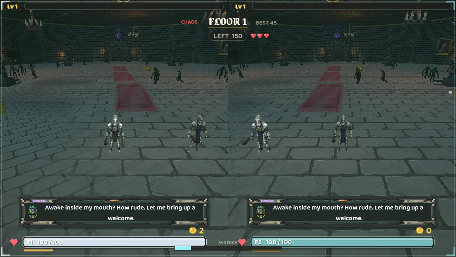 Floor 1, split-screen co-op: two knights stand on wet flagstones in a round stone hall. The tower's purple eye glows above the gate, and its first line appears in both dialogue boxes: 'Awake inside my mouth? How rude. Let me bring up a welcome.'