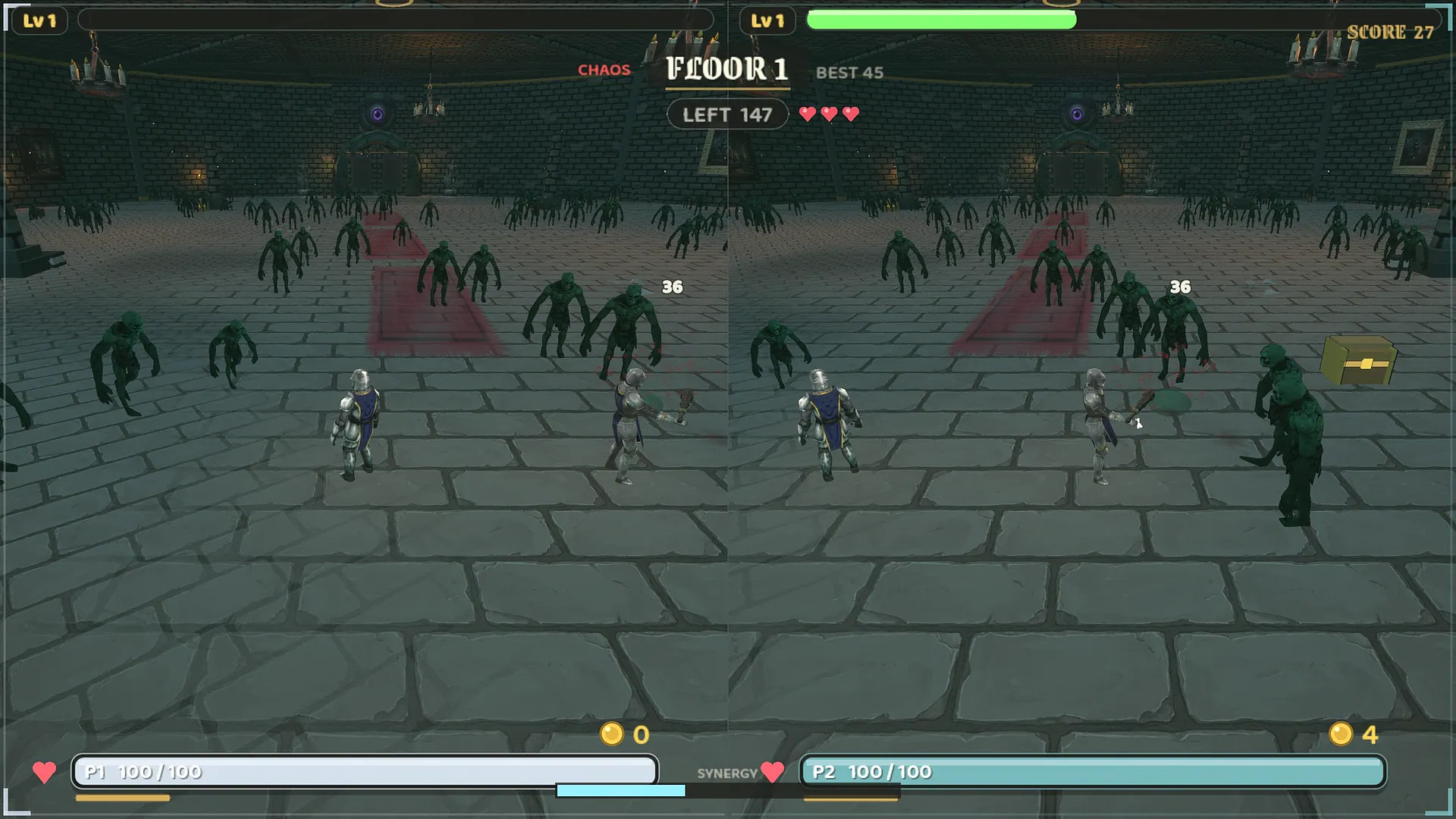 Floor 1, split-screen co-op: a wave of hunched green dungeon creatures pours across the hall toward the two knights, with a gold-trimmed chest beside the right-hand player.