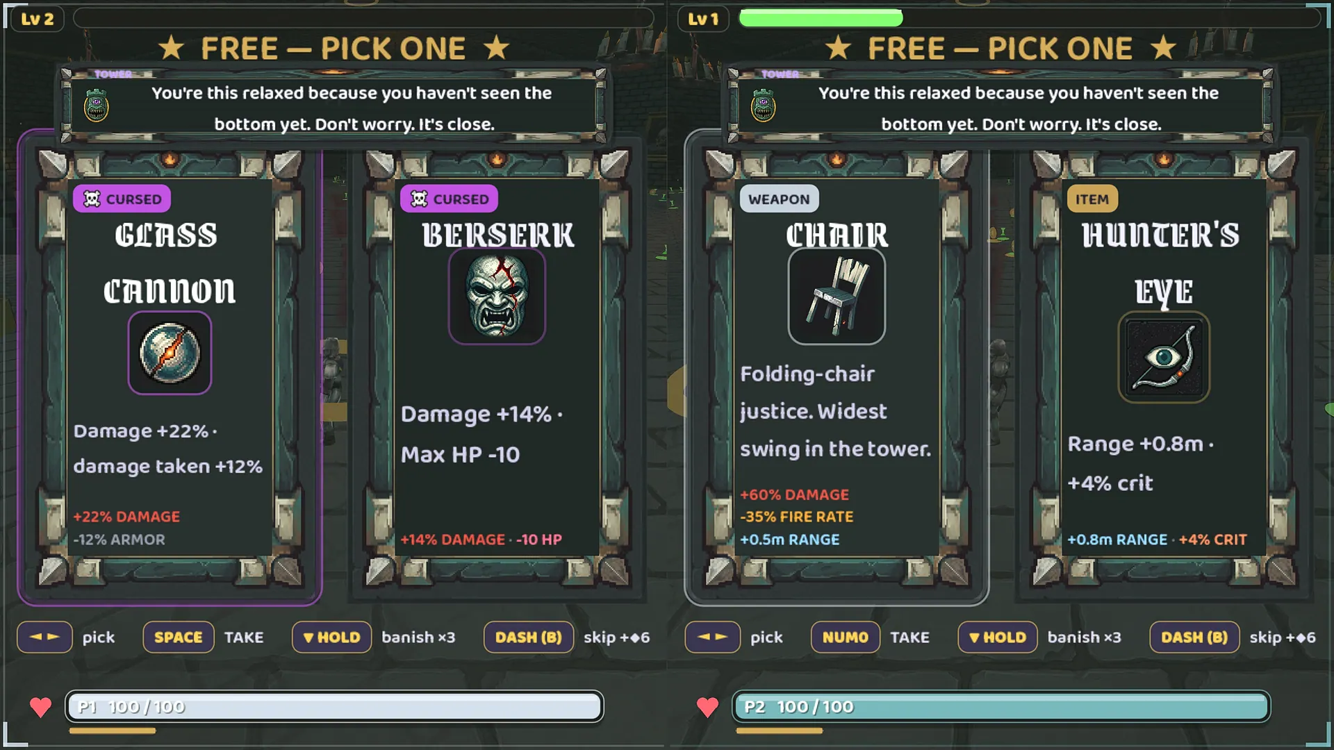 Split-screen reward pick, FREE — PICK ONE. P1 weighs two CURSED cards, Glass Cannon and Berserk. P2 chooses between the CHAIR weapon ('Folding-chair justice. Widest swing in the tower.') and Hunter's Eye.