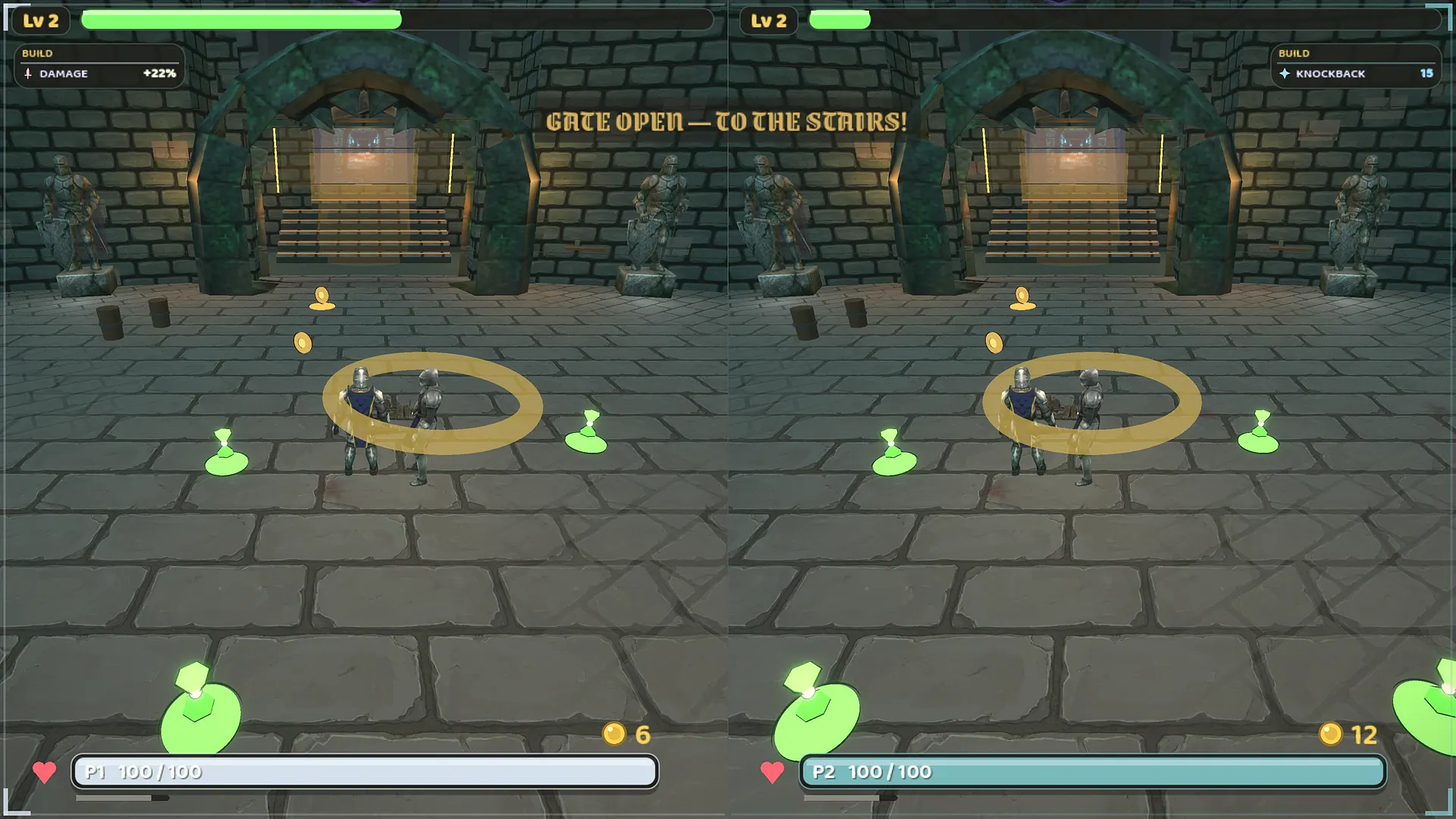 GATE OPEN — TO THE STAIRS! The arched stone gate between two knight statues stands open on a lit staircase. Both knights stand inside a gold ring with green pickups around them.
