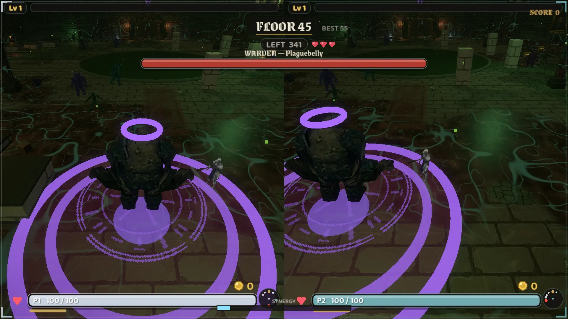 Floor 45, split-screen co-op: WARDEN — Plaguebelly, a hulking dark body under a purple halo, telegraphs its nova with thick purple rings across the green-veined floor while a knight skirts the rings.